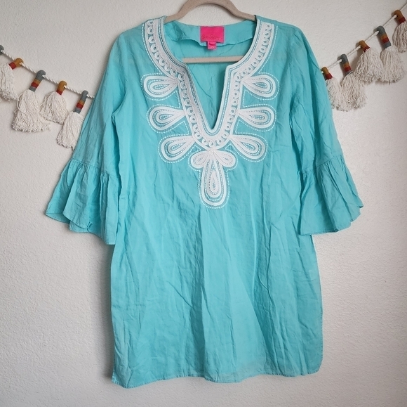 Lilly Pulitzer Piet Embroidered Coverup Tunic Dress Light Aqua Lagenlook Beach S - Picture 2 of 11